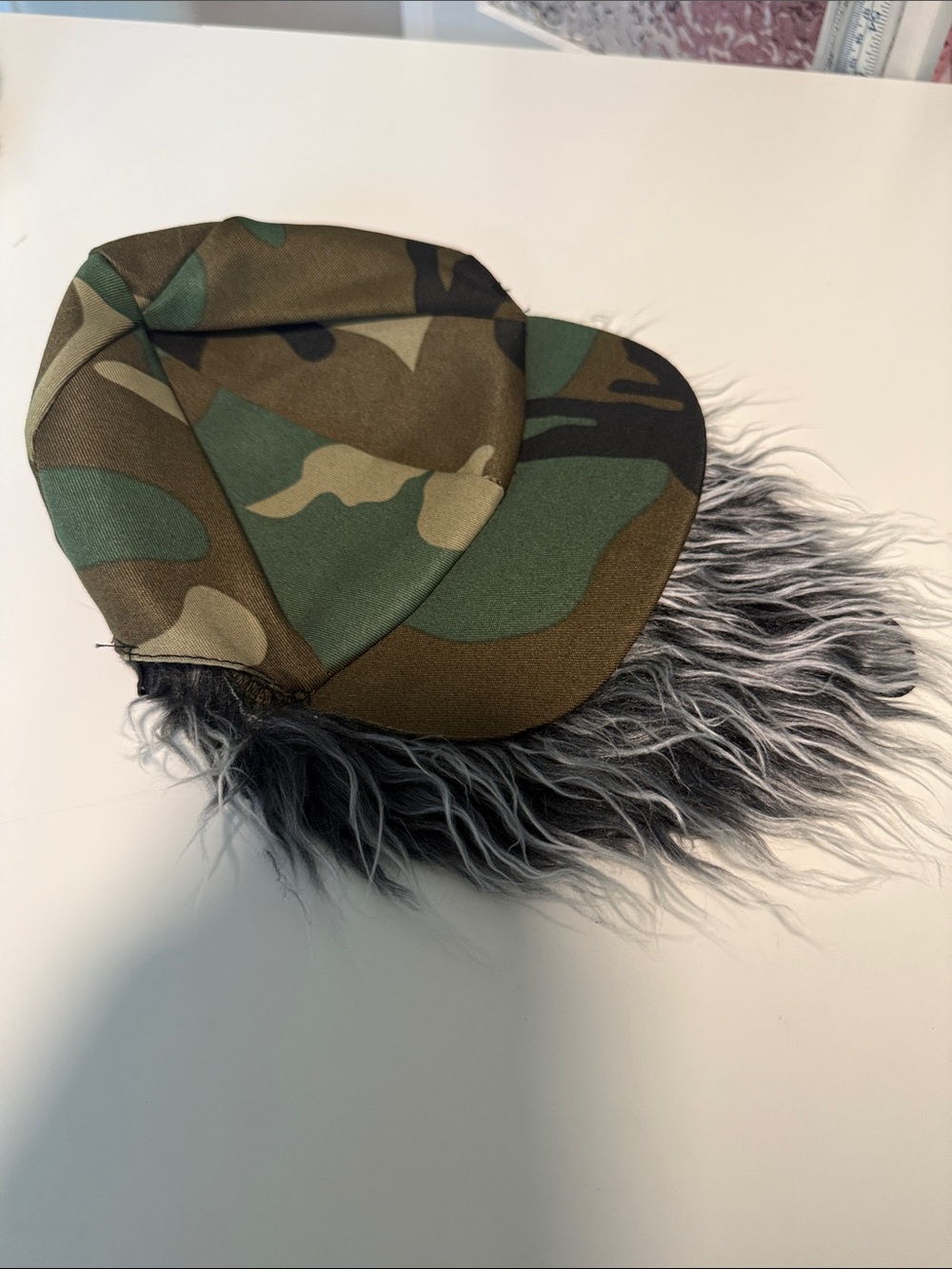 Camouflage Dog Trucker Hat with Faux Fur Beard